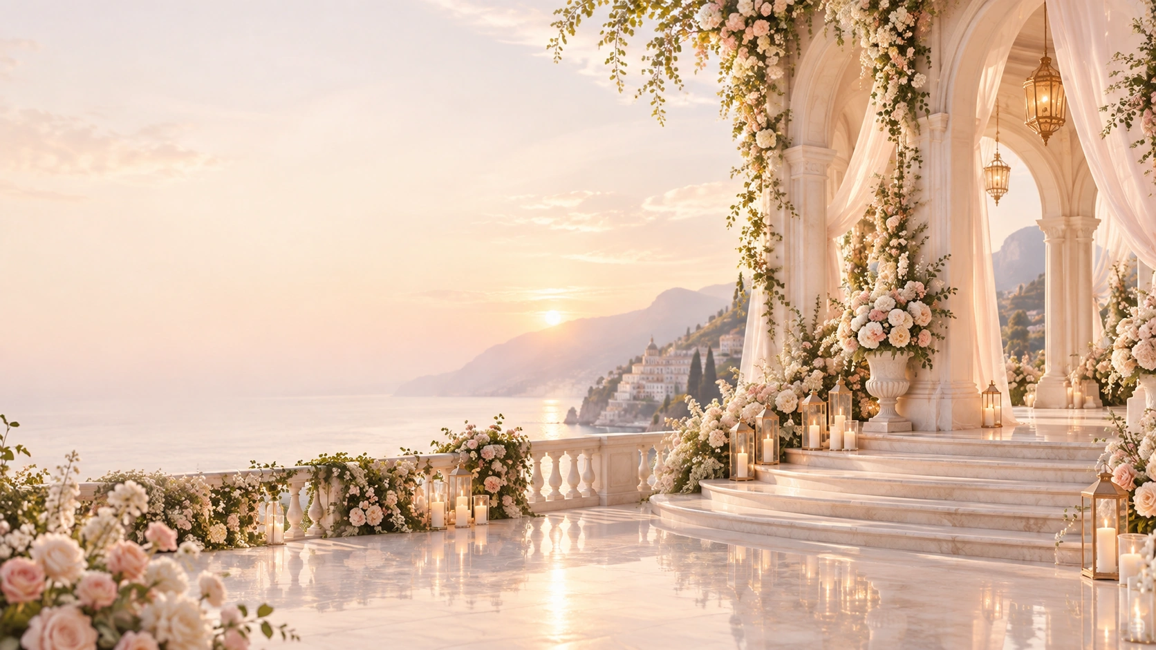 Luxury floral coastal terrace at sunset